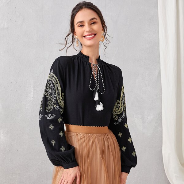 

Tassel Tie Neck Embroidery Bishop Sleeve Blouse, Black