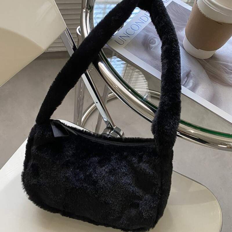 Faux Fur Fluffy Shoulder Bag, Black