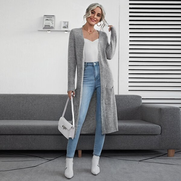 

Dual Pockets Open Front Cardigan, Grey