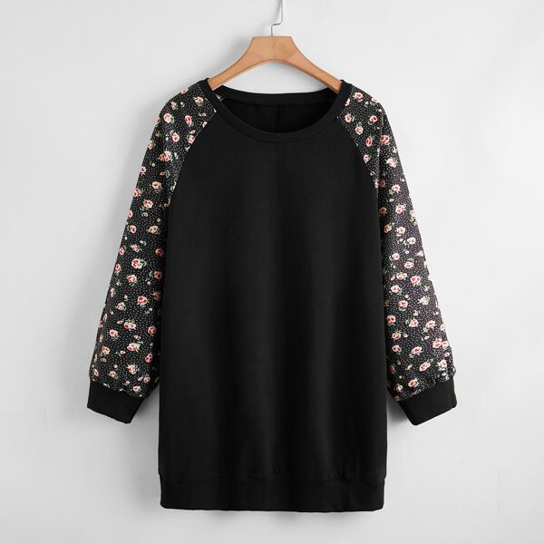 

Plus Floral & Polka Dot Print Raglan Sleeve Sweatshirt, Black