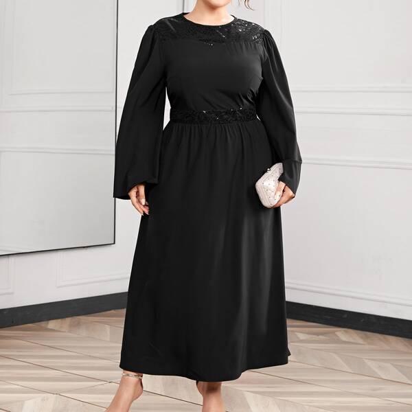 

Plus Contrast Sequins Bell Sleeve Dress, Black