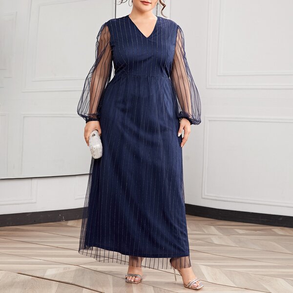 

Plus Mesh Panel Bishop Sleeve Maxi Dress, Navy blue