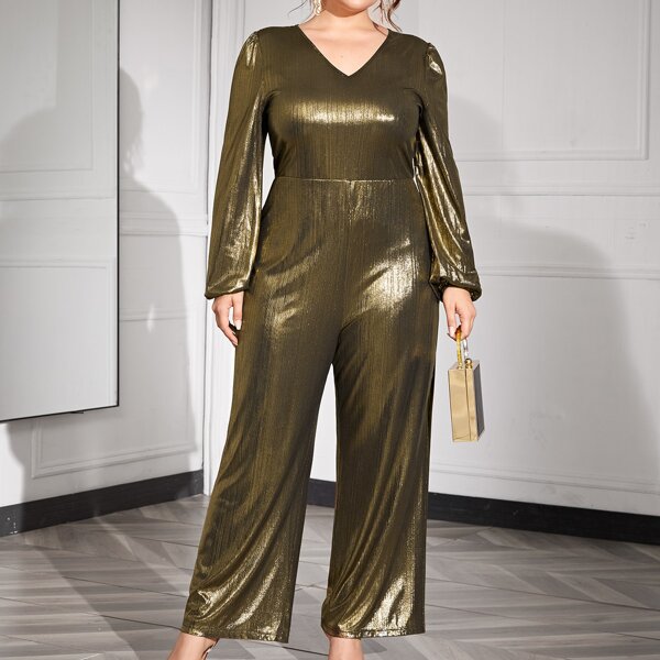 

Plus V-neck Wide Leg Glitter Jumpsuit, Gold