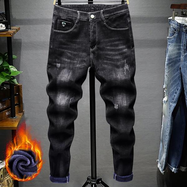 

Men Thermal Ripped Washed Jeans, Black