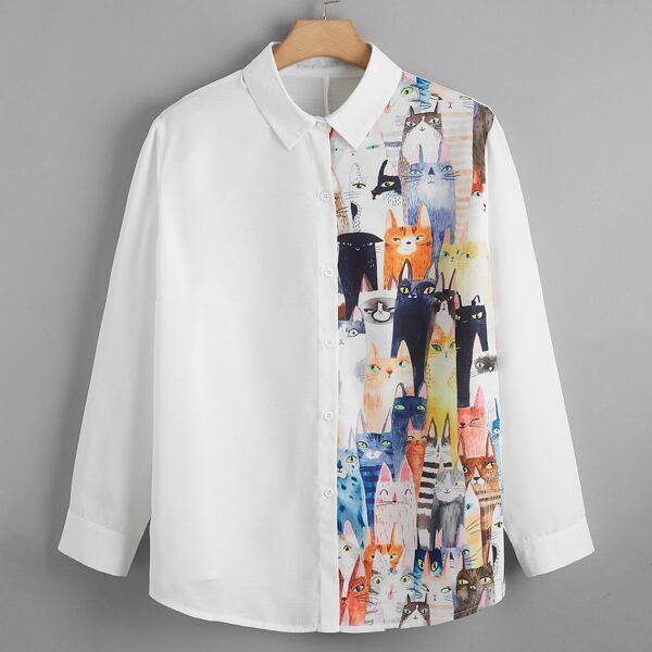 

Plus Cat Print Button Up Blouse, White