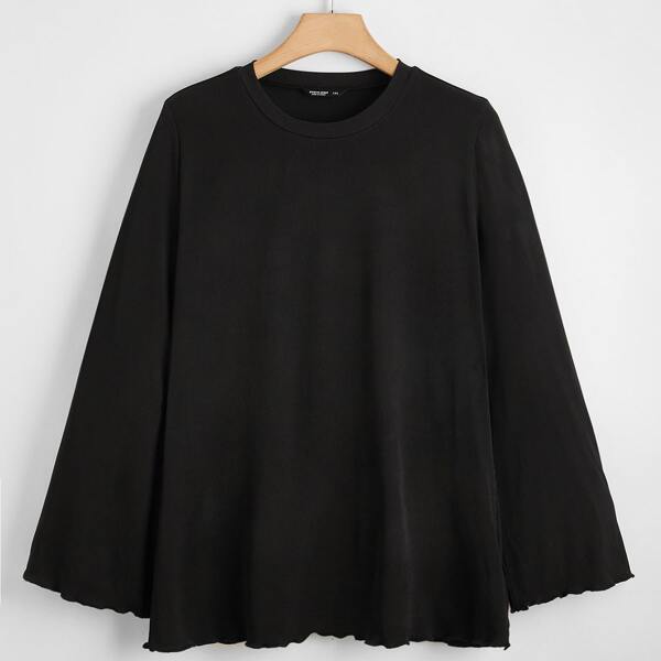 

Plus Rib-knit Lettuce Trim Solid Tee, Black