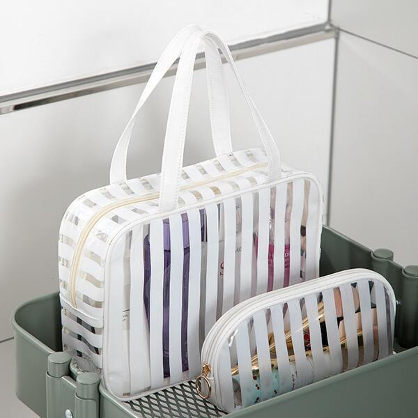 

2pcs Striped Clear Toiletries Bag Set, White