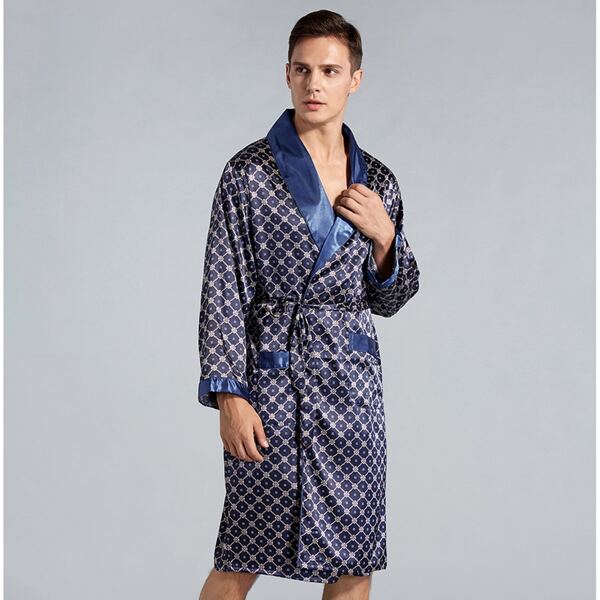

Men Allover Print Belted Satin Robe, Navy blue
