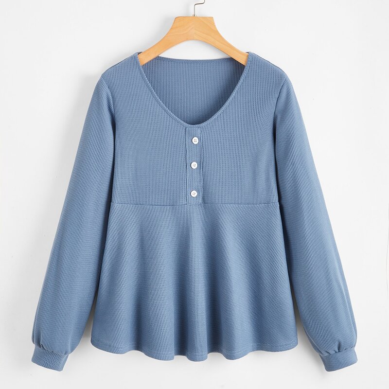 

Solid Button Up Smocked Tee, Dusty blue