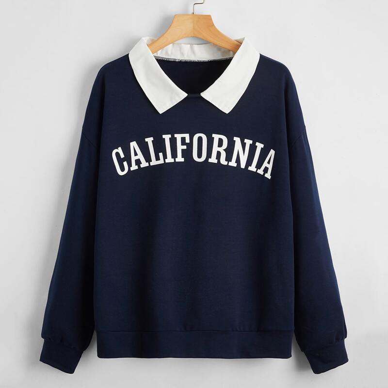 

Contrast Collar Letter Graphic Sweatshirt, Navy blue