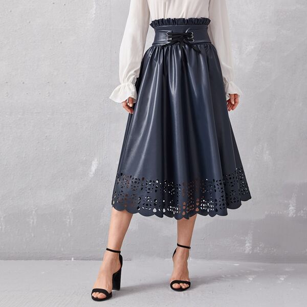 

Ruffle Trim Lace Up Corset Laser Cut Hem PU Leather Skirt, Navy blue