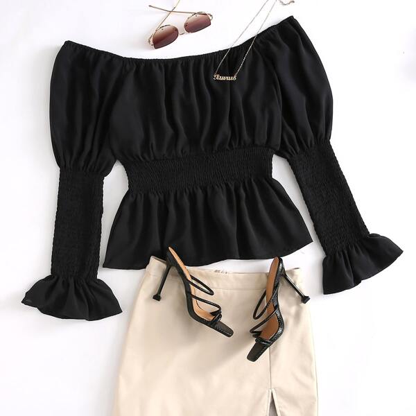 

Plus Bardot Shirred Ruffle Hem Blouse, Black