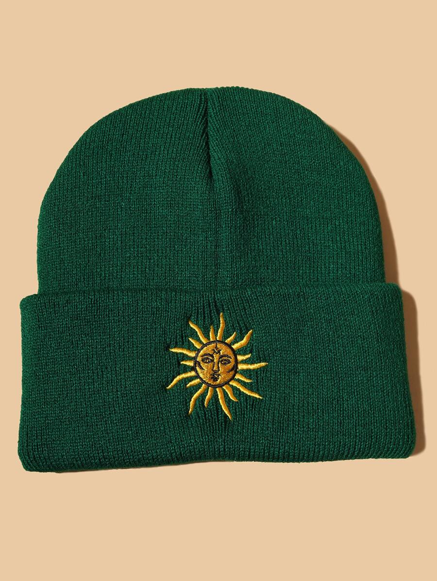 Sun Embroidery Beanie - Green - View 1