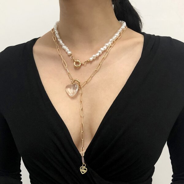 

2pcs Faux Pearl Heart Decor Necklace, Gold
