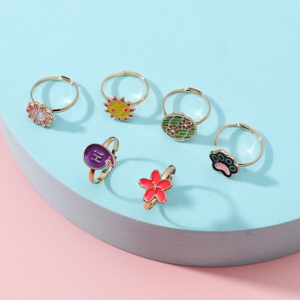 

6pcs Girls Flower Decor Ring, Multicolor
