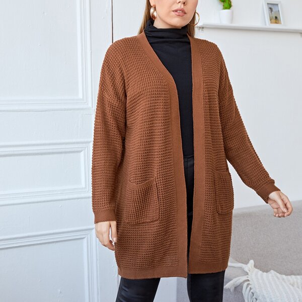 

Plus Dual Pockets Drop Shoulder Cardigan, Rust brown
