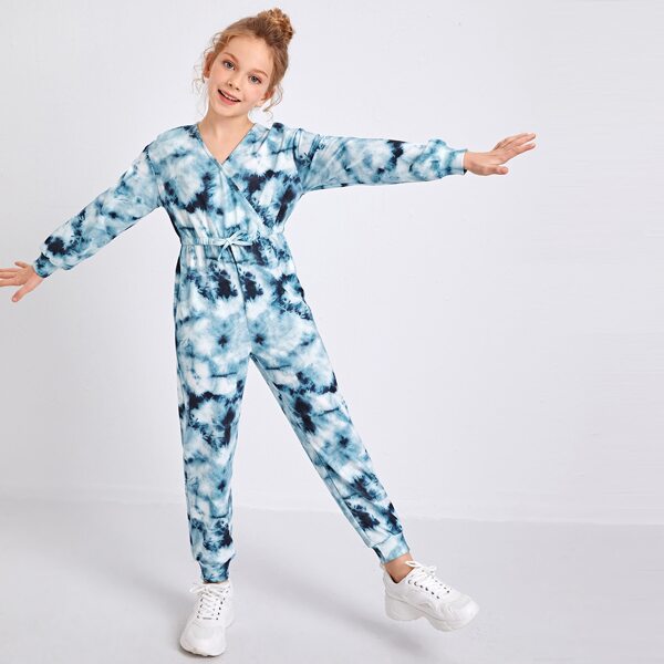 

Girls Surplice Neck Knot Waist Tie Dye Jumpsuit, Blue and white