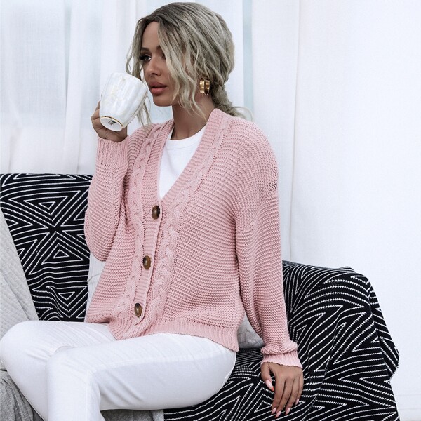 

Drop Shoulder Buttoned Cardigan, Pastel baby pink