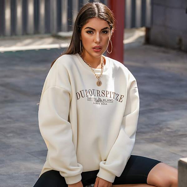 

Drop Shoulder Letter Graphic Pullover, Beige