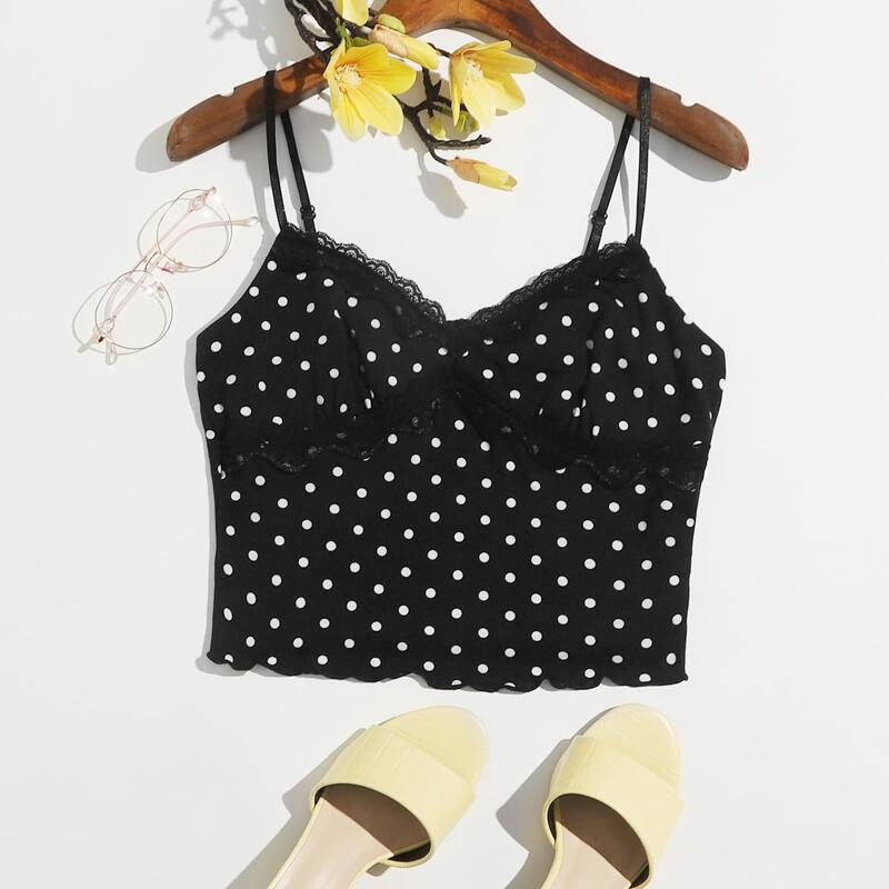 

Lace Insert Lettuce Edge Polka Dot Cami Top, Black