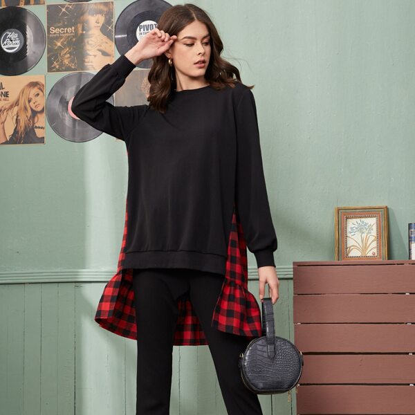 

Buffalo Plaid Ruffle Hem Pullover & Leggings Set, Black