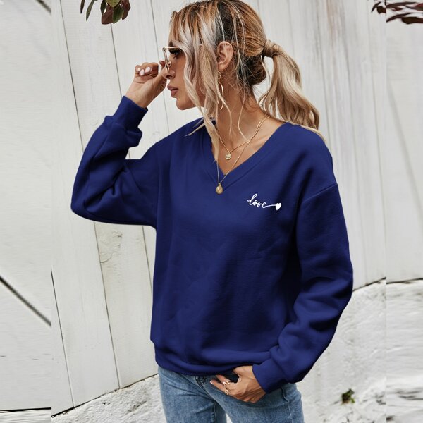 

V-neck Letter Embroidery Drop Shoulder Sweatshirt, Navy blue