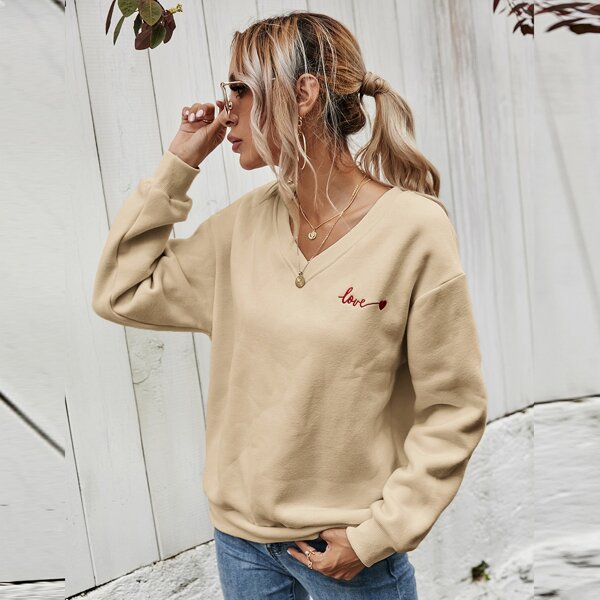 

V-neck Letter Embroidery Drop Shoulder Sweatshirt, Khaki