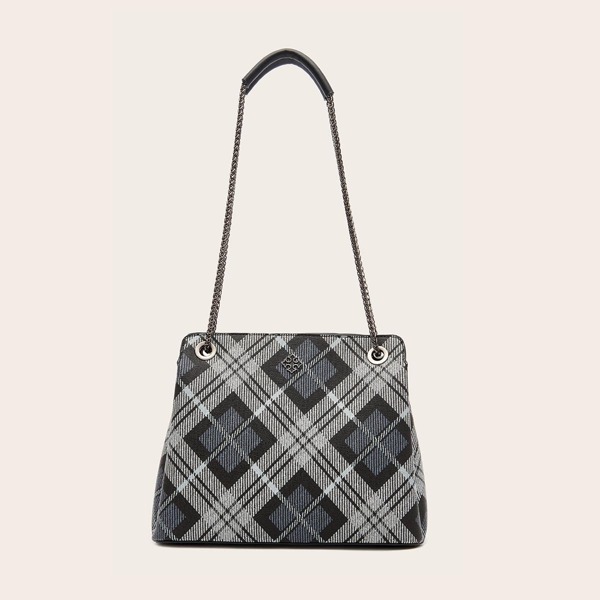 

Plaid Pattern Chain Tote Bag, Multicolor