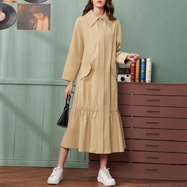 

Flap Detail Solid Smock Dress, Khaki