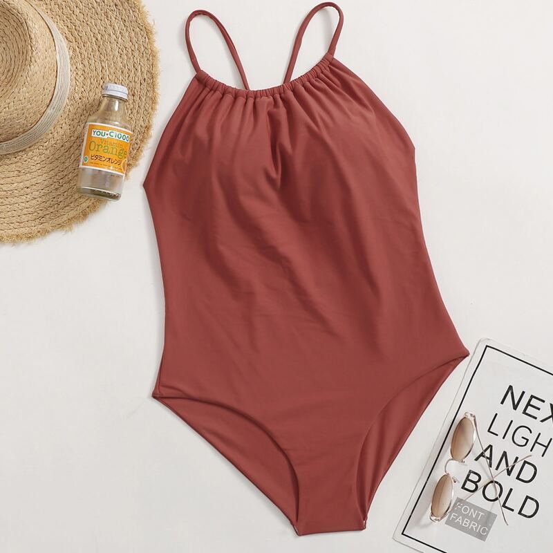 

Solid Crisscross Cami One Piece Swimsuit, Redwood