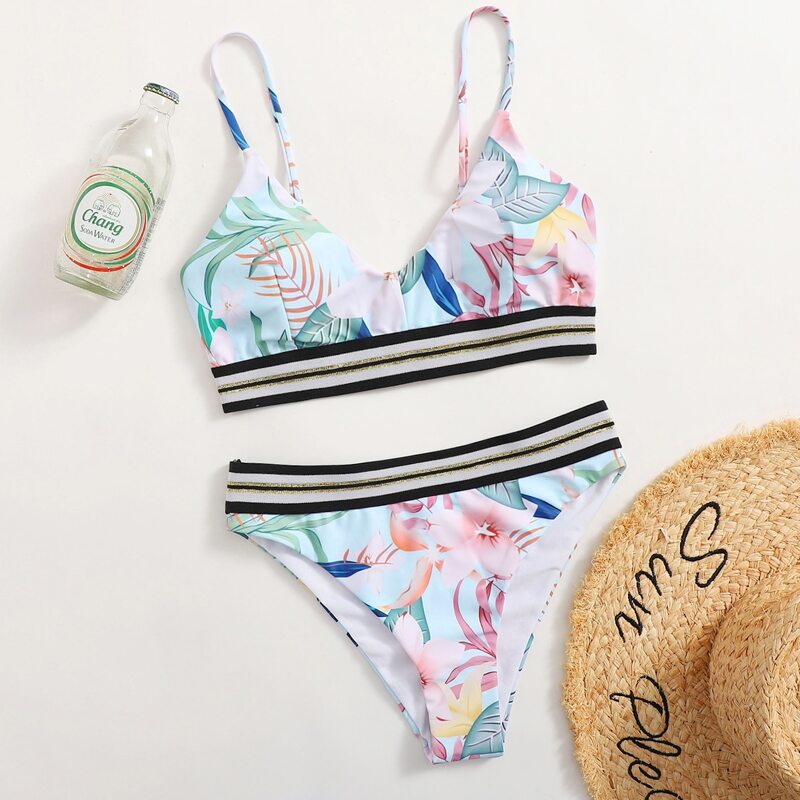 

Floral Pattern Stripe Tape Bikini Swimsuit, Multicolor