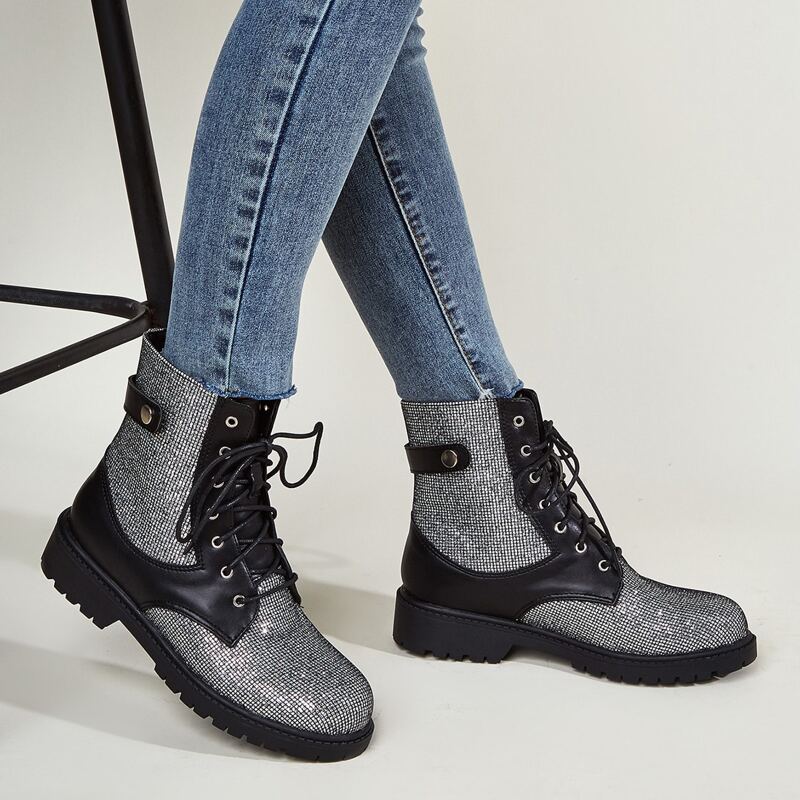 

Glitter Decor Lace-up Front Boots, Silver
