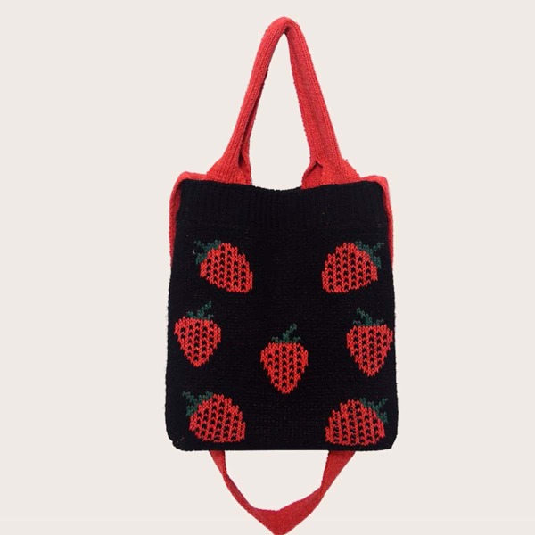 

Strawberry Graphic Crochet Satchel Bag, Black