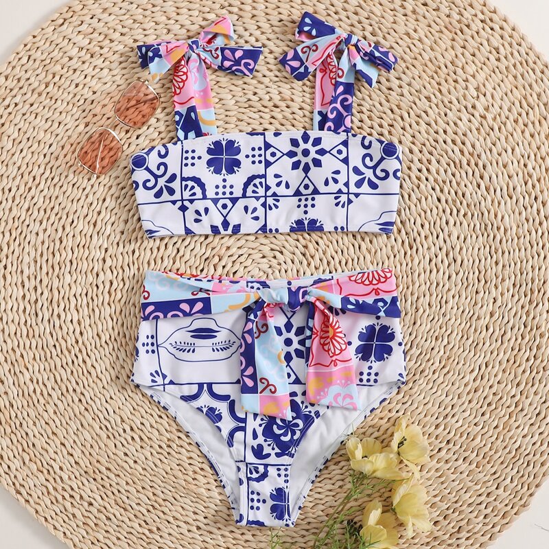 

Floral Tie Front High Waist Bikini Swimsuit, Multicolor