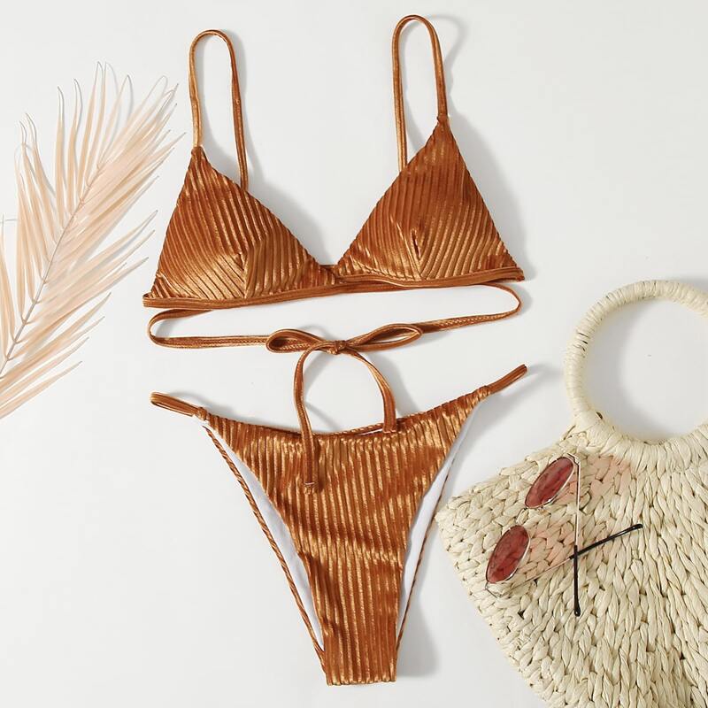 

Velvet Triangle Tanga Bikini Swimsuit, Brown