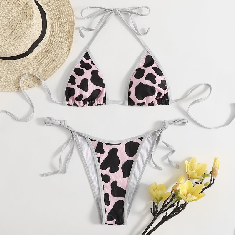 

Cow Print Tie Side Bikini Swimsuit, Multicolor