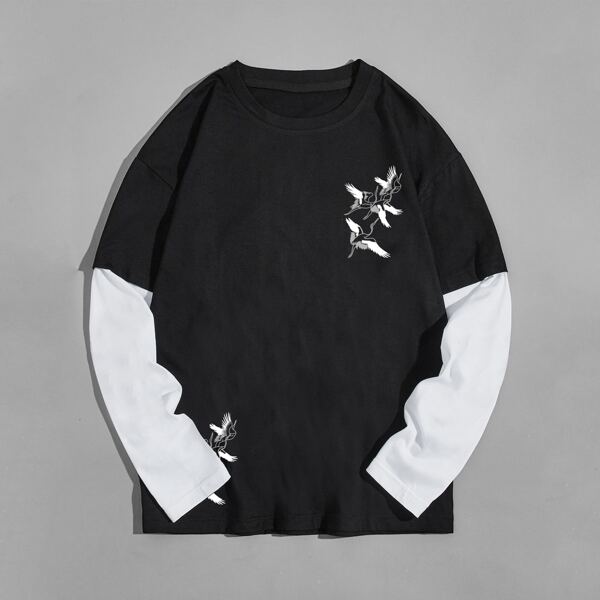

Men Crane Print Contrast Sleeve Tee, Black and white