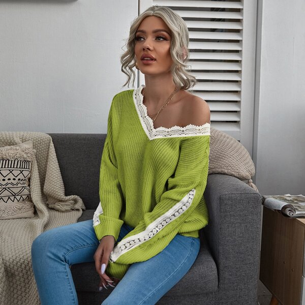 

Contrast Lace V-neck Sweater, Lime green