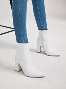 2025 年秋冬女装时尚白色踝靴，时尚休闲简约百搭性感街头时尚侧拉链粗高跟鞋尖头浅口高跟鞋踝靴及膝靴，完美搭配黑色连衣裙 - 白色 - 查看 5