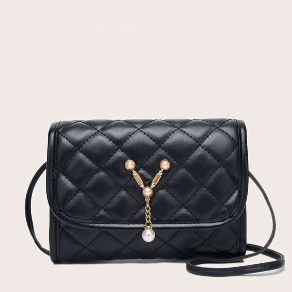 

Faux Pearl Decor Quilted Crossbody Bag, Black