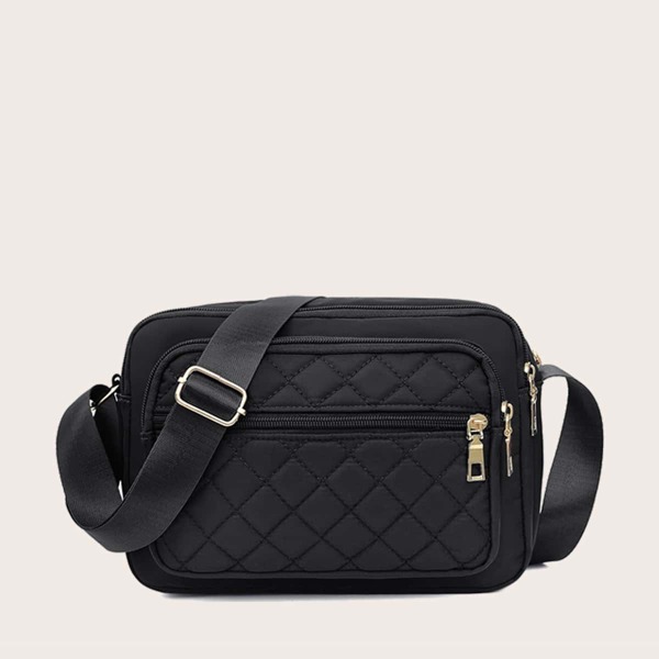 

Zip Front Quilted Crossbody Bag, Black