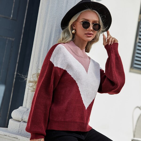 

Chevron Pattern Colorblock Drop Shoulder Sweater, Multicolor