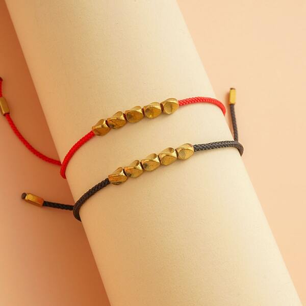 

2pcs Girls Bead Decor String Anklet, Gold