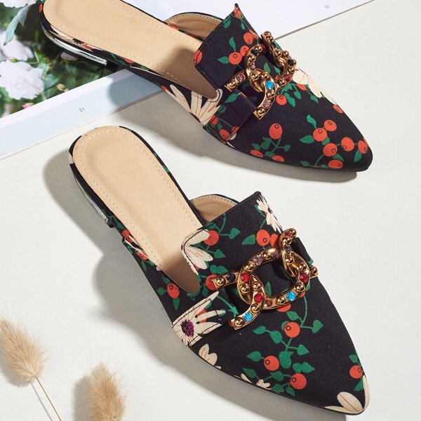 

Rhinestone Detail Fruit Print Flat Mules, Black