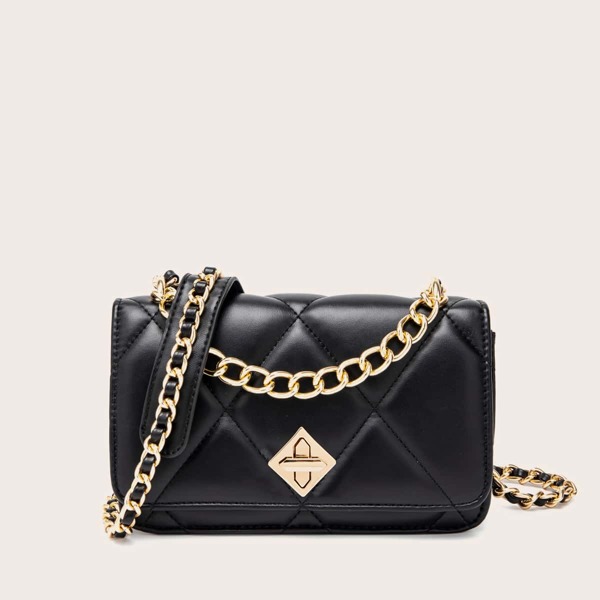 

Quilted Turn-lock Flap Satchel Bag, Black