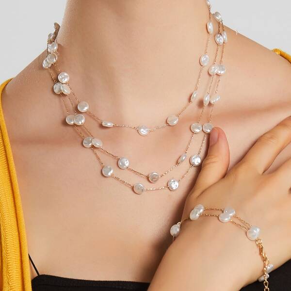 

Faux Pearl Decor Necklace & Bracelet, Gold