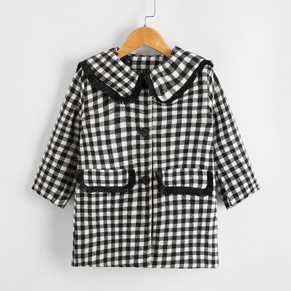 

Toddler Girls Contrast Fringe Gingham Overcoat, Black and white