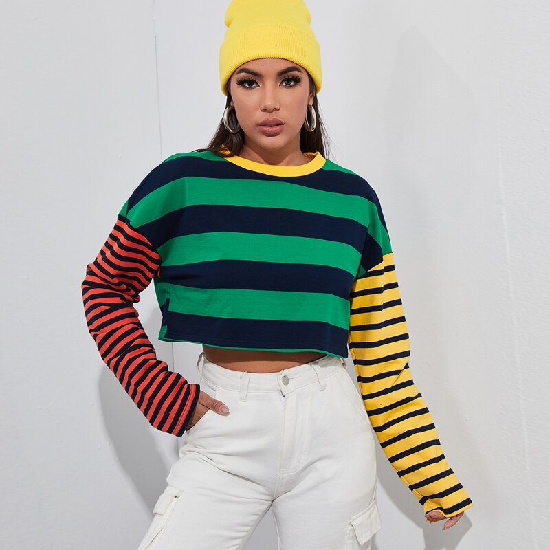 

Colorblock Striped Crop Pullover, Multicolor