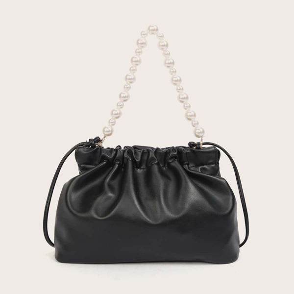 

Faux Pearl Beaded Ruched Bag, Black