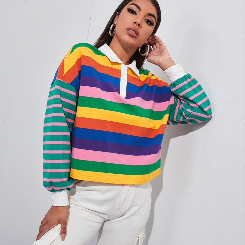 

Drop Shoulder Rainbow Striped Polo Sweatshirt, Multicolor
